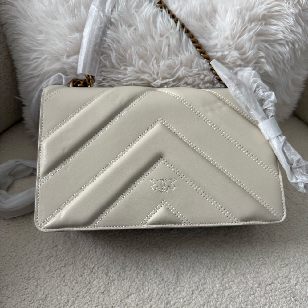 Pinko Ivory Chevron Shoulder Bag with Gold Accents - Picture 3 of 15